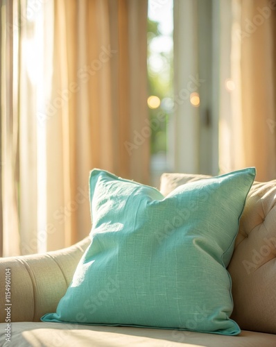 Soft Turquoise Pillow on Cozy Couch in Sunlit Living Room with Drapes photo