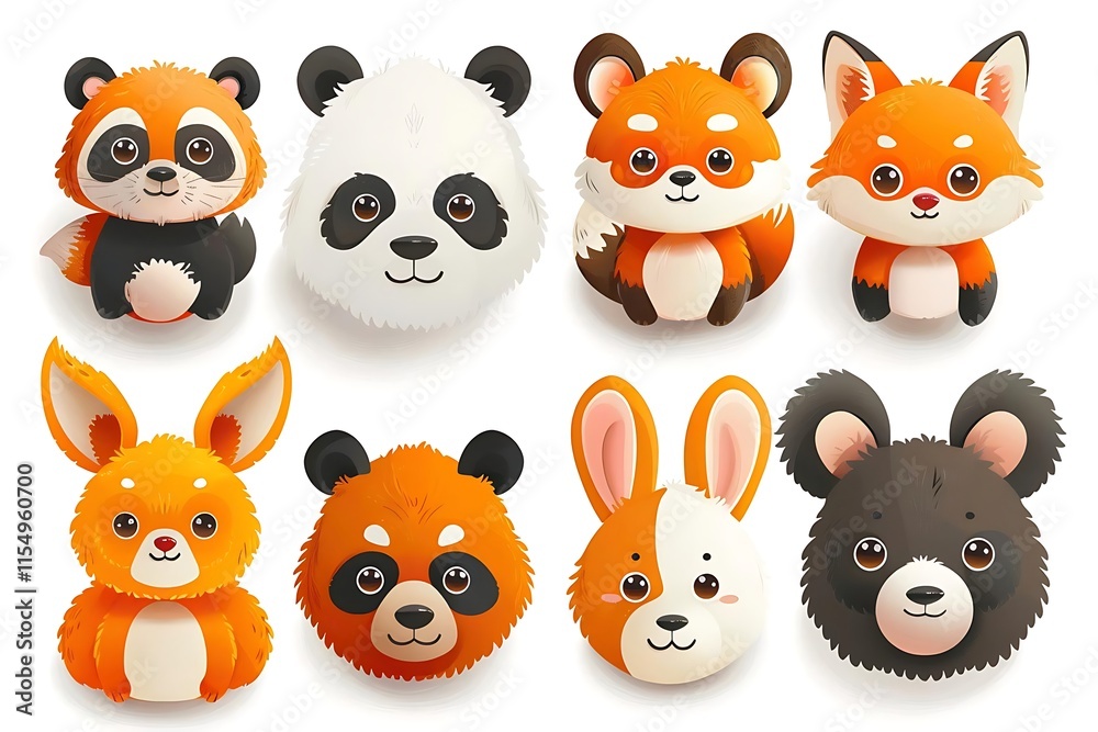 Fototapeta premium Cute cartoon animals red panda, panda, fox, rabbit, bear.