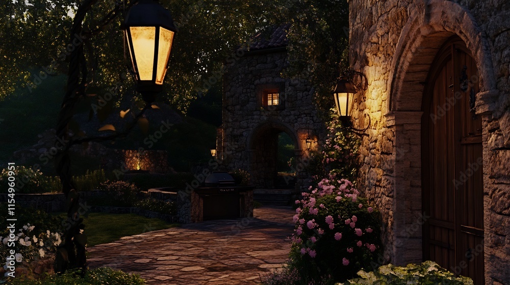 Fototapeta premium Enchanting Rustic Garden Path Illuminated by Cozy Lanterns at Historic Stone Manor