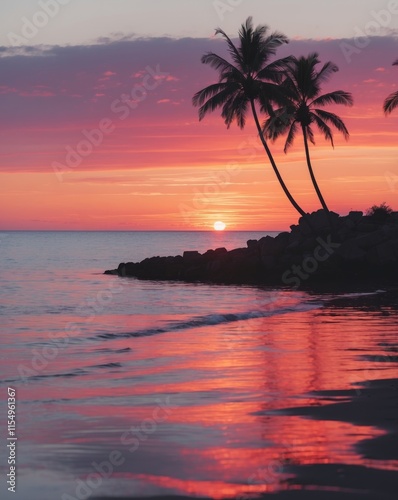 Stunning sunrise casts vibrant colors over calm waters with silhouetted palm trees in tranquil seaside setting
