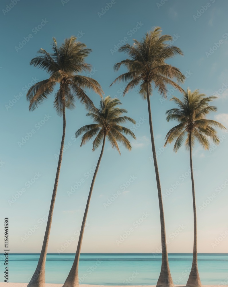 Tropical Beach Scene with Palm Trees and Clear Blue Sky Tropical Beach Scene with Palm Trees and Clear Blue Sky