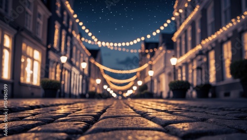 Nighttime View of a Cobblestone Street with Building Facades and String Lights photo