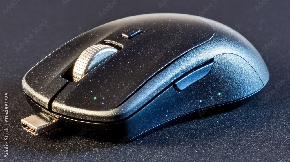 Wireless computer mouse with USB-C connector, textured surface, and scroll wheel. Wireless computer mouse with USB-C connector, textured surface, and scroll wheel.