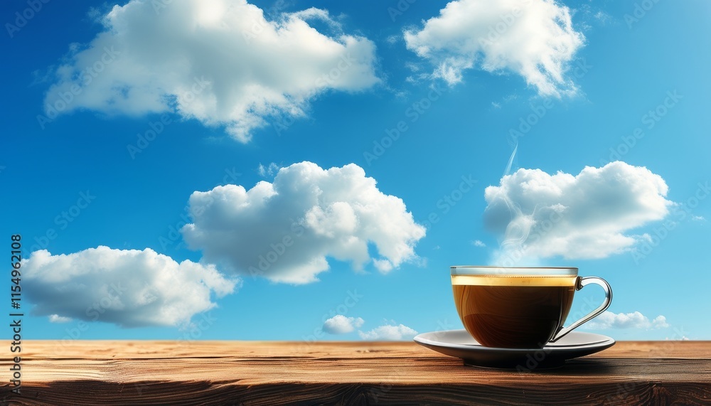 Serene Coffee Moment Against Bright Sky with Whimsical Clouds and Natural Setting Serene Coffee Moment Against Bright Sky with Whimsical Clouds and Natural Setting