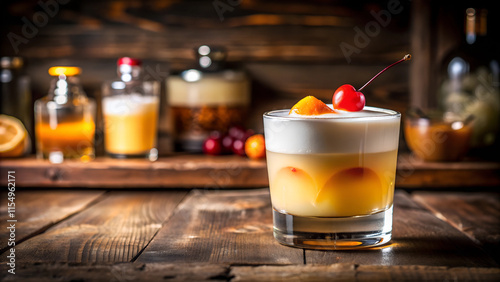 Classic Whiskey Sour with Egg White Foam, Orange Slice, and Maraschino Cherry in Rocks Glass on Dark Wooden Bar Counter with Copy Space