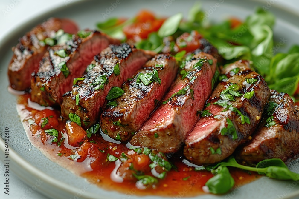 Grilled beef steak with herb and spices. Portion of fried meat cuts with rosemary, garlic, olive oil and ketchup sauce Grilled beef steak with herb and spices. Portion of fried meat cuts with rosemary, garlic, olive oil and ketchup sauce