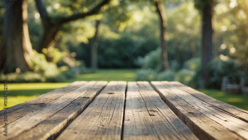 Rustic Wooden Table Outdoors in a Serene Garden Setting Rustic Wooden Table Outdoors in a Serene Garden Setting