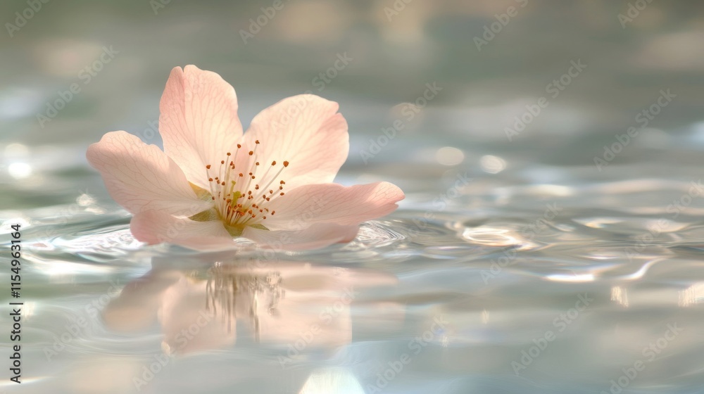 Delicate Pink Blossom Floating Gently On Water Delicate Pink Blossom Floating Gently On Water
