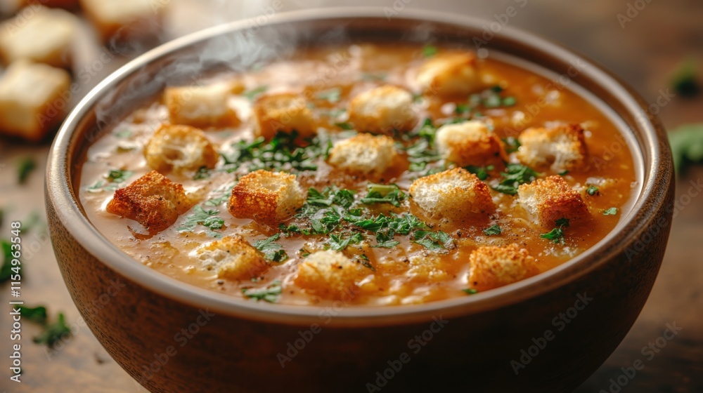 Steaming bowl of tomato soup with croutons on a plain background Steaming bowl of tomato soup with croutons on a plain background