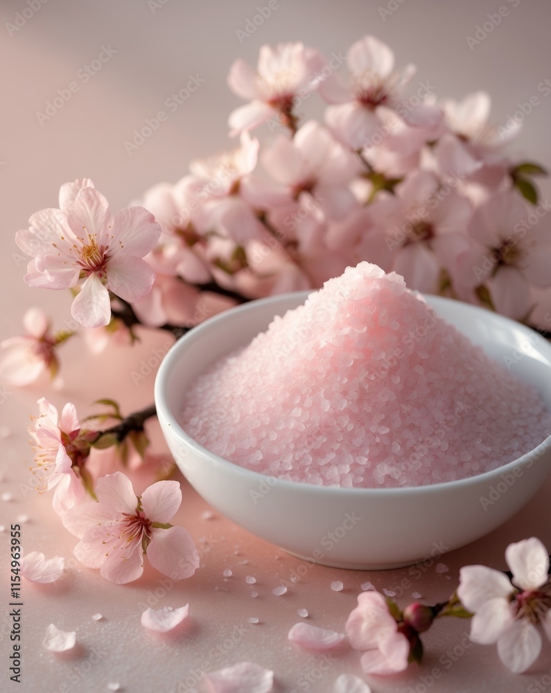 Natural pink salt in a bowl surrounded by cherry blossoms on a soft pink background Natural pink salt in a bowl surrounded by cherry blossoms on a soft pink background