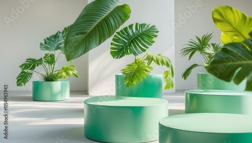 Green Cylindrical Platforms with Tropical Leaves photo