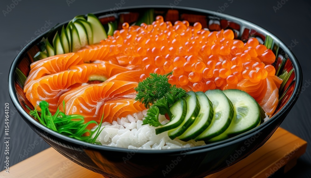 Fresh Japanese Sushi Bowl with Salmon, Roe, Rice, and Vegetable Toppings for Upscale Dining Fresh Japanese Sushi Bowl with Salmon, Roe, Rice, and Vegetable Toppings for Upscale Dining