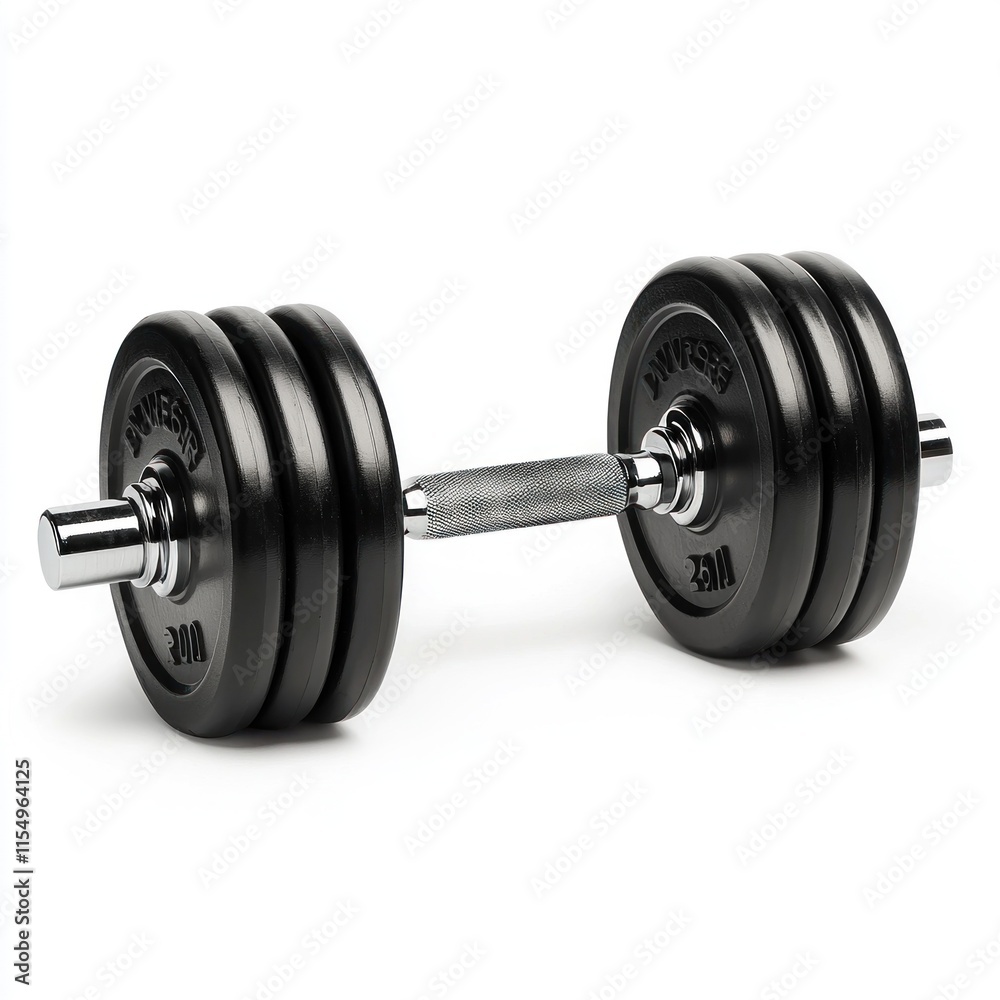 Naklejka premium Black Adjustable Dumbbell Isolated on White Background for Home Gym Equipment and Weight Training, Fitness Motivation for Strength and Conditioning