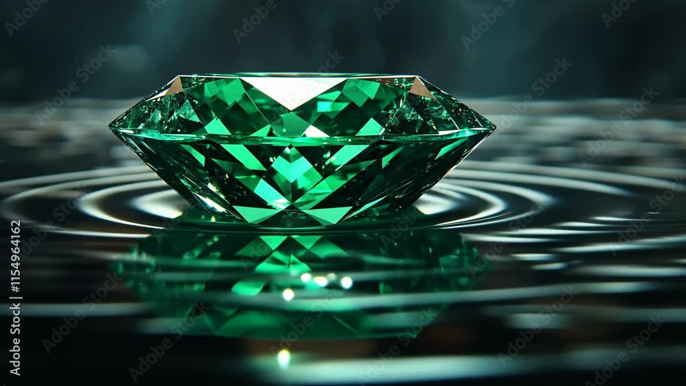 Sparkling emerald gem resting on rippling water creates a captivating visual experience in a serene environment