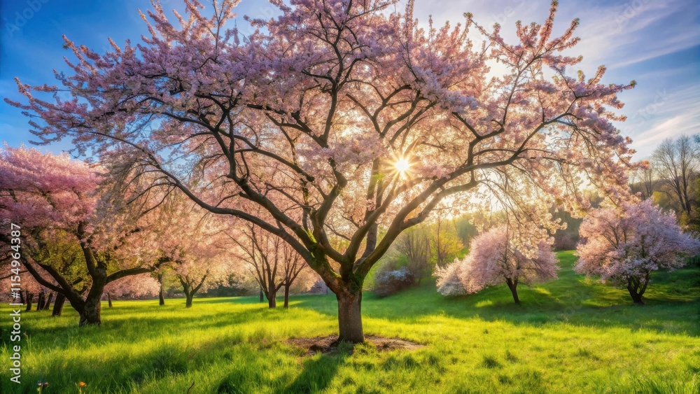 Sunlit Blossoms in a Spring Orchard A Majestic Pink Tree Basking in Golden Hour Light Sunlit Blossoms in a Spring Orchard A Majestic Pink Tree Basking in Golden Hour Light