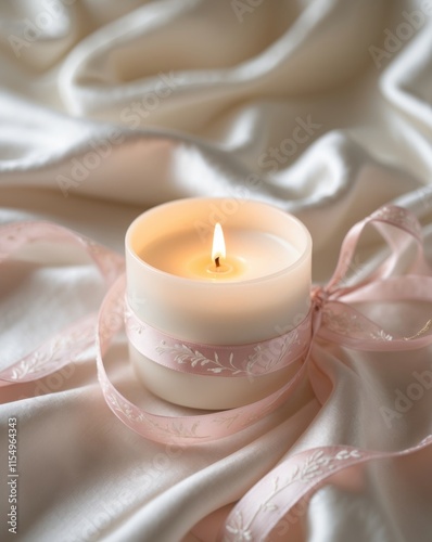 Soft Glow of a White Candle Surrounded by Delicate Pink Ribbon on a Whispering Satin Fabric Surface for Tranquil and Elegant Aesthetic Inspirations photo