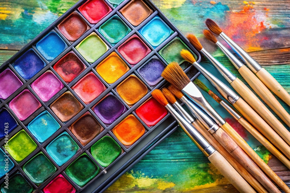Obraz premium A set of paint brushes and a palette of paint sit on a table