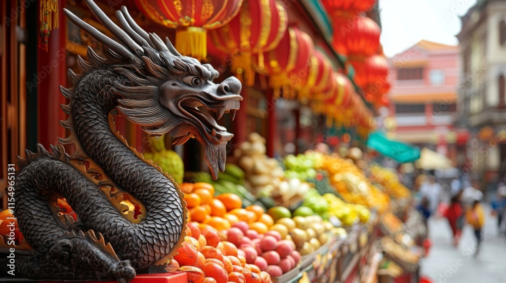 Fototapeta premium Dragon Statue Guards Colorful Fruit Market Display