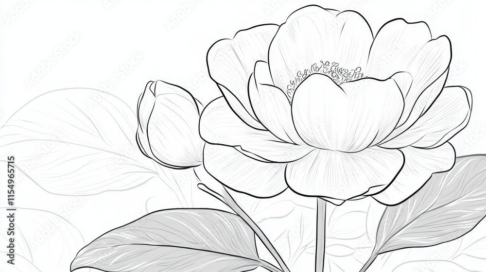 Fototapeta premium Black line art of a rose in full bloom, drawn in a flowing, uninterrupted stroke on a white background.
