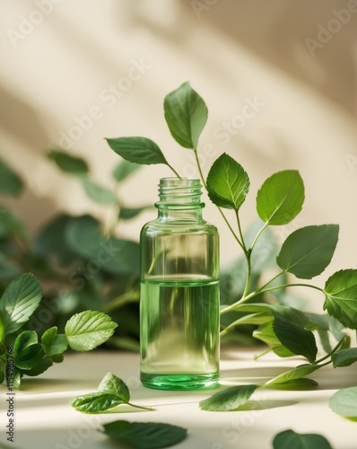 Green essential oil bottle surrounded by fresh leaves in a natural setting during daytime