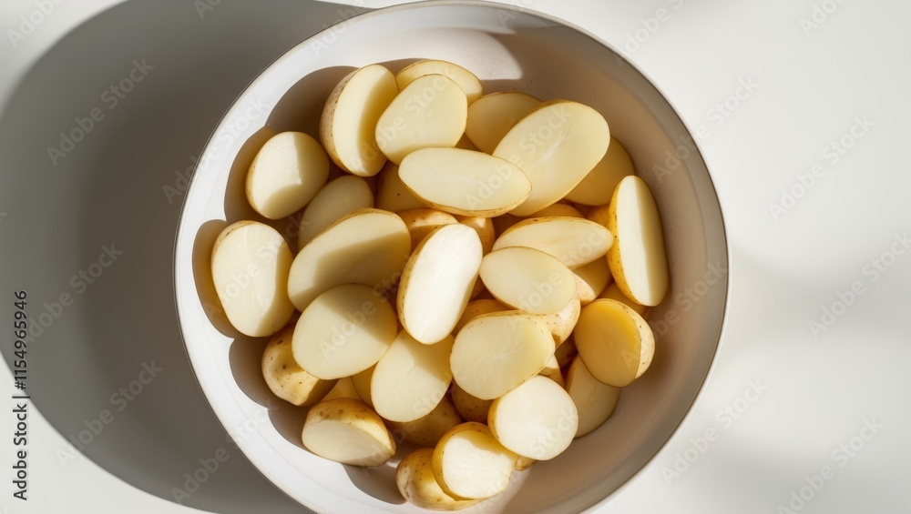 Sliced Fresh Potatoes in a White Bowl for Culinary Presentation