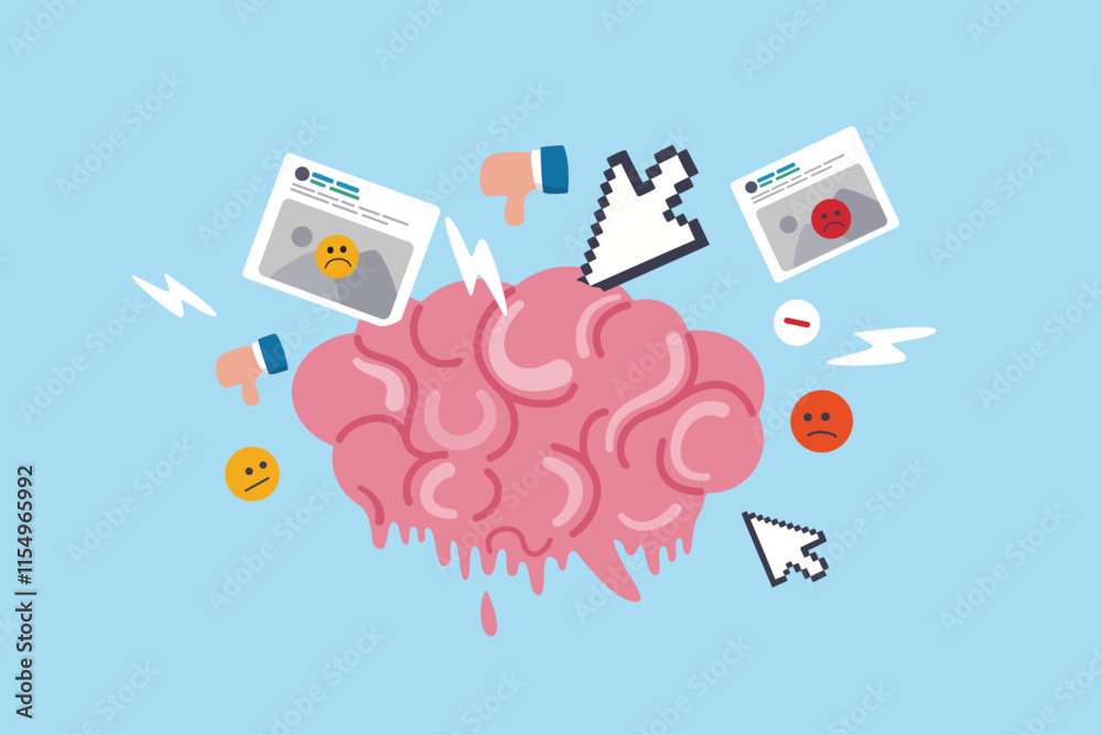 Brain rot toxic social media addiction causing depression, anxiety and negative harmful mind, online overwhelmed, cyber bullying or doomscrolling concept, human brain rot with toxic social media.