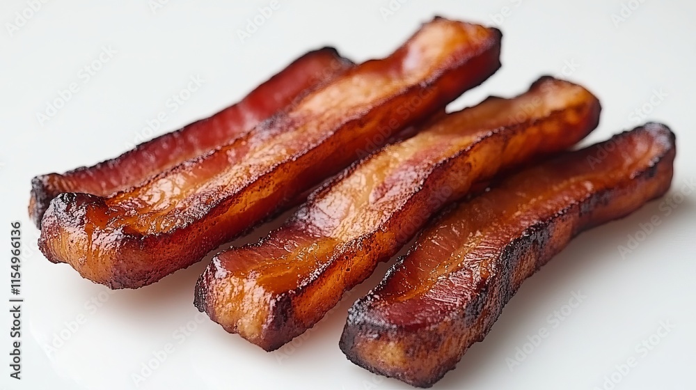 Bacon Strips: Crispy, golden-brown strips of bacon with a slightly curled edge, arranged on a plain white background Bacon Strips: Crispy, golden-brown strips of bacon with a slightly curled edge, arranged on a plain white background