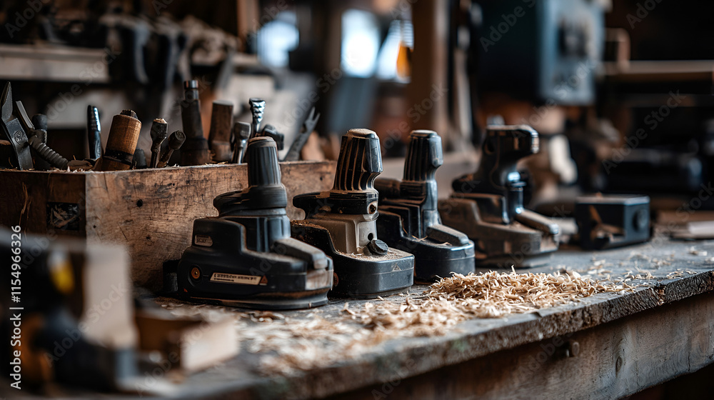 Dusty woodworking tools on a workbench. Dusty woodworking tools on a workbench.