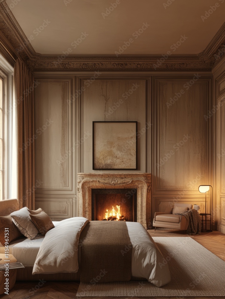 Fototapeta premium Elegant Bedroom Interior Design With Fireplace