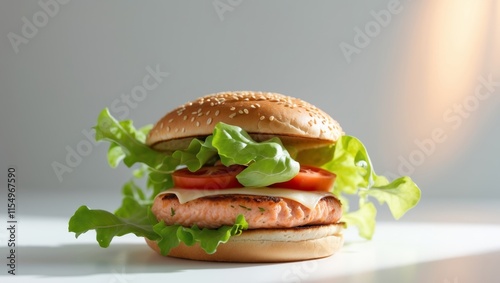 salmon patty on a burger that has lettuce tomatoes and cheese photo