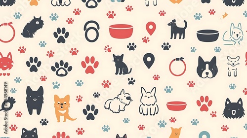Seamless pattern with cute dog and cat icons, paw prints, and pet supplies.