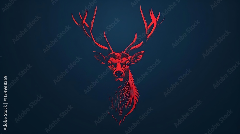 Obraz premium Red deer head silhouette on dark blue background.