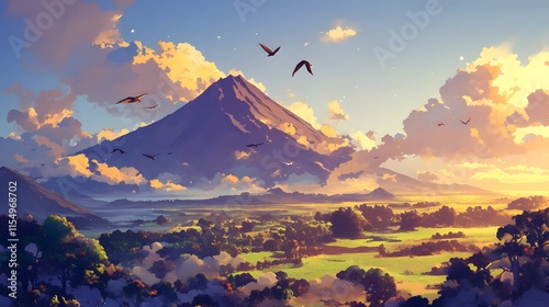 Volcanic landscape with countryside view, anime style