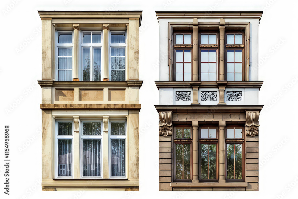 Fototapeta premium Two architectural facades showcasing distinct styles and window designs. isolated on white background