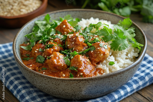 Bowl of chicken curry with rice and cilantro sauce.