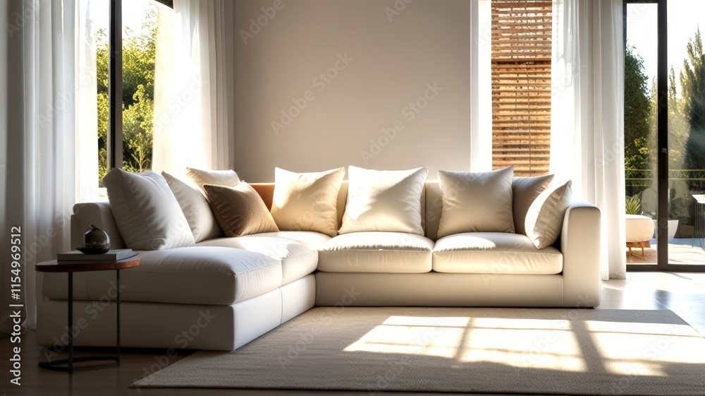 Fototapeta premium A spacious, plush white sofa adorned with soft pillows sits in a sunlit room, creating an inviting and cozy atmosphere perfect for relaxation