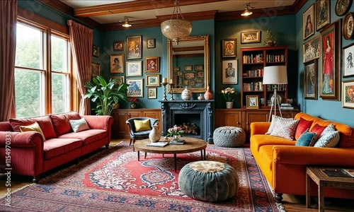 An eclectic maximalist living room brimming with vibrant patterns, colorful furniture, layered rugs, mismatched cushions, gallery walls filled with art, and a mix of vintage and modern pieces,