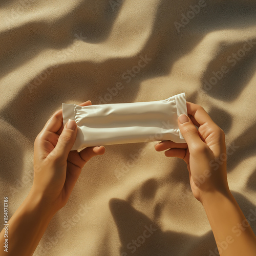  fotorealistic image with Two hands holding a white protein bar wrapper, on a sandy beach. The hands face each other, with the snack bar between them, creating a sense of balance photo