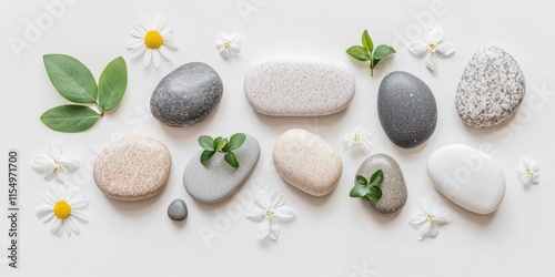 Flat lay arrangement of spa stones, perfect for massage and relaxation treatments, highlighting the tranquil essence of spa stones for a soothing experience in wellness and self care. photo