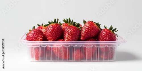 Strawberry in a plastic container is showcased against a white background. This image features strawberries in a clear punnet, providing a closeup front view of fresh strawberries.