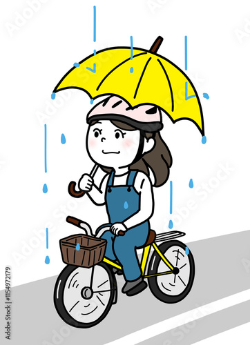 雨の日に傘をさして自転車に乗る人（道路込み・肌色白）