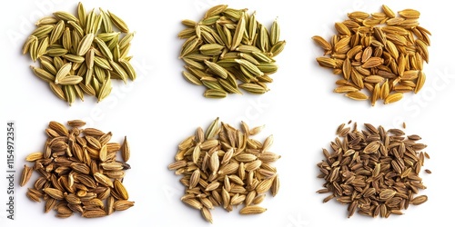 Collection of dried fennel seeds, arranged and isolated on a clean white background, showcasing the unique texture and natural appeal of fennel seeds for culinary uses. photo