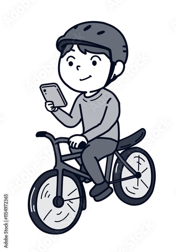 自転車でスマホを見る人（1トーン）