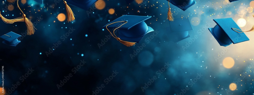 Blue graduation caps falling on dark background with bokeh lights. Blue graduation caps falling on dark background with bokeh lights.
