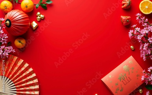 Chinese new year decorations made from red packet, orange and gold ingots or golden lump. Chinese characters FU on the object means to fortune, good luck, wealth, and money flow. photo