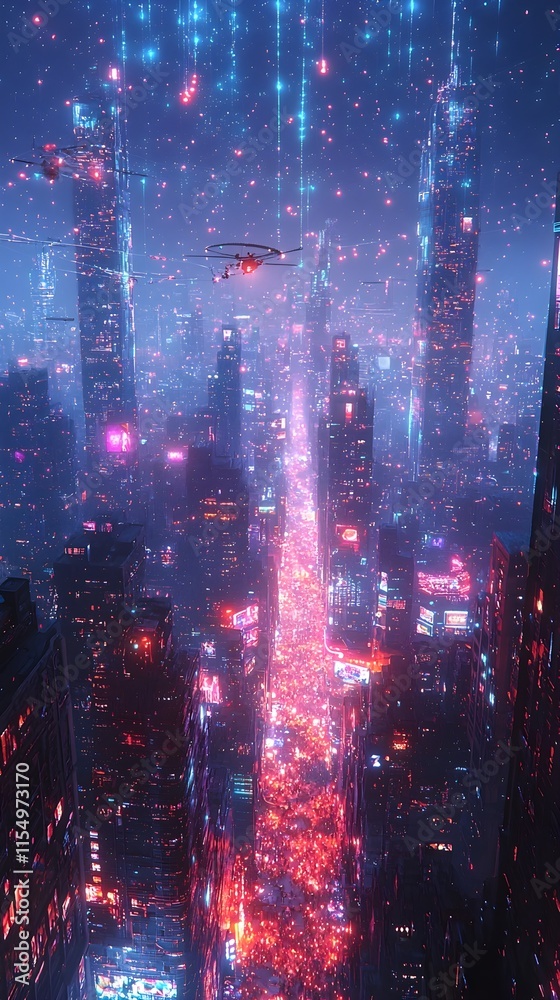 Fototapeta premium A futuristic cityscape with a glowing fiber optic labyrinth shimmering towers and pulsing iridescent cables