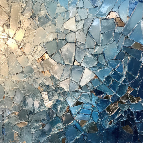 Shattered glass fragments cover the ground, reflecting light in a close-up shot of a broken glass wall, revealing a web of cracks and intricate patterns. photo