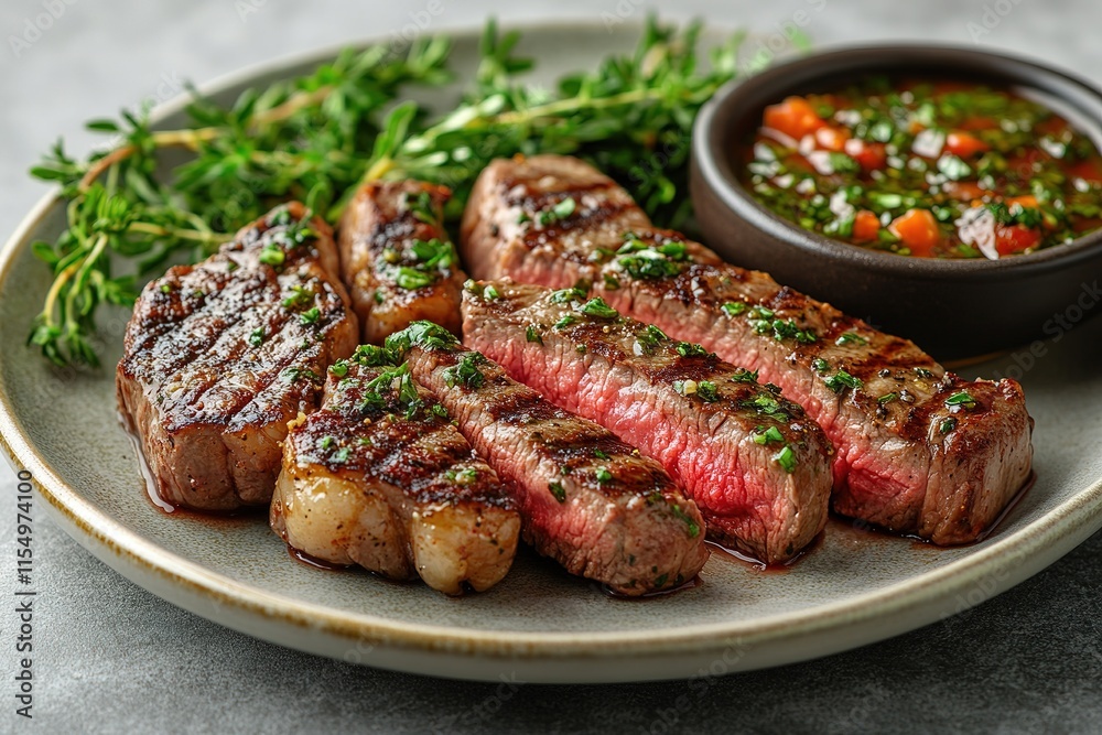 Grilled beef steak with herb and spices. Portion of fried meat cuts with rosemary, garlic, olive oil and ketchup sauce Grilled beef steak with herb and spices. Portion of fried meat cuts with rosemary, garlic, olive oil and ketchup sauce