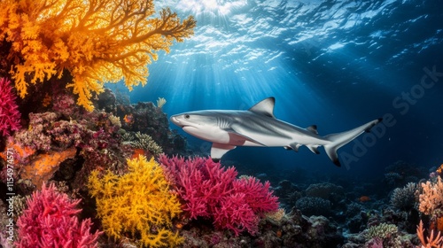 Wallpaper Mural Vibrant Coral Reefs with Dynamic Marine Predators Torontodigital.ca