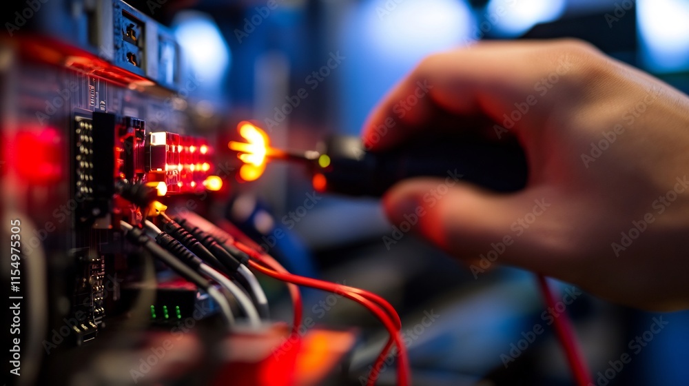 Naklejka premium Close-up of a Technician's Hand Working on Complex Electronic Hardware with Glowing Components
